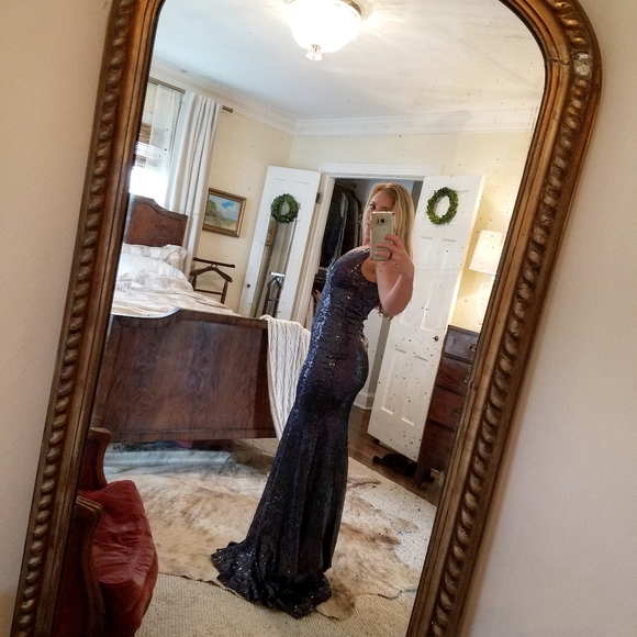 Floor length navy rainbow sequin maxi fishtail dress - Picture 6 of 6